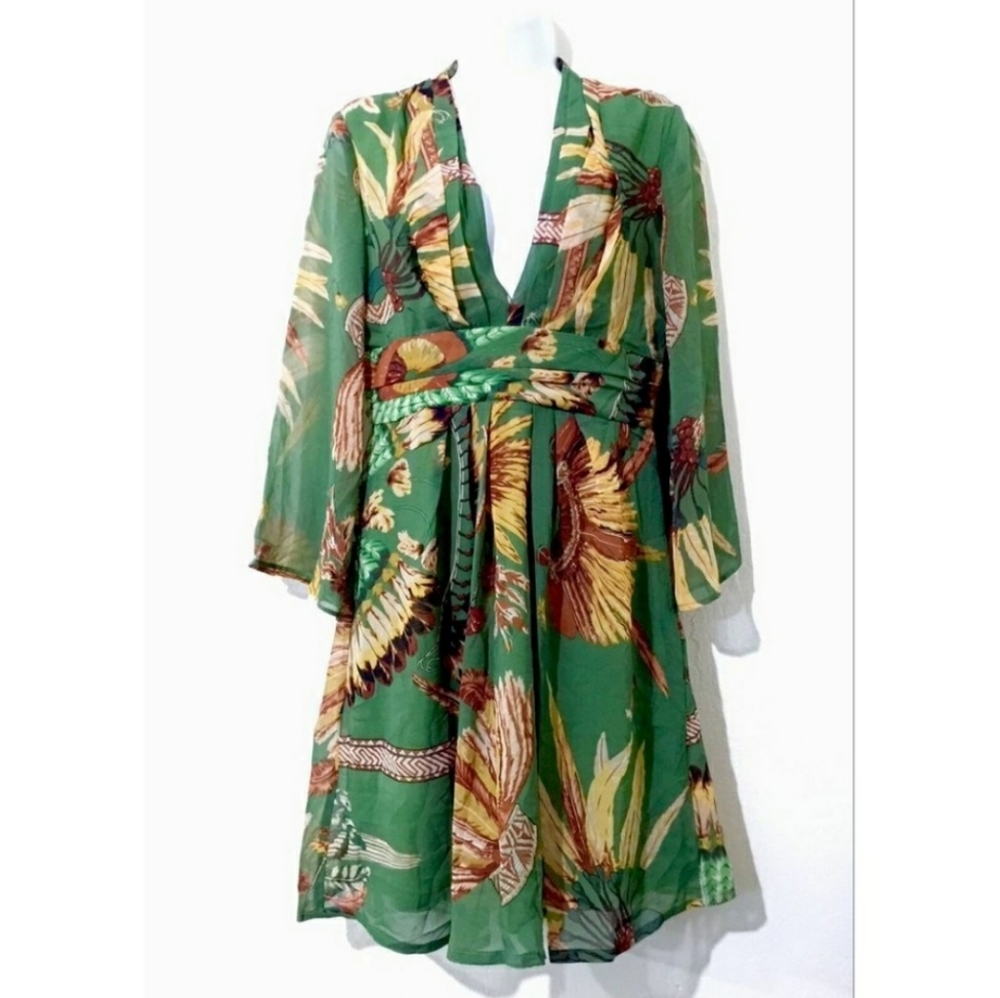 TOV green sheer feather boho dress